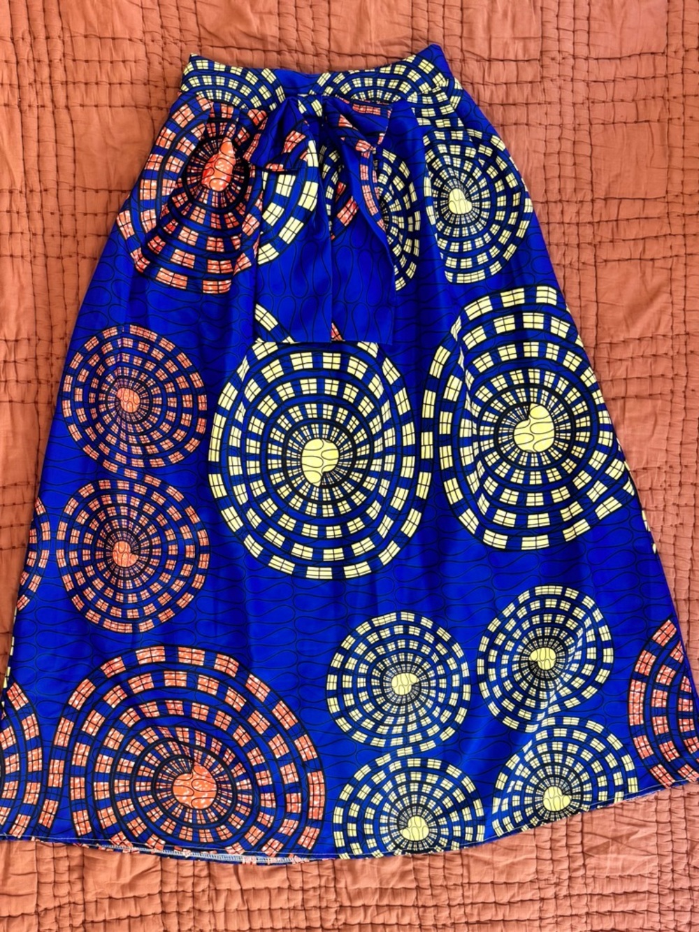 Bold Royal Blue A-Line Skirt with Yellow & Orange Circular Print
